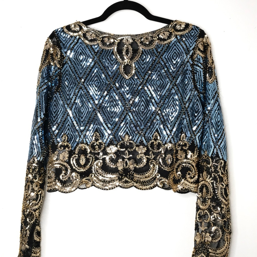 Vintage Sequin Embellished Blue and Gold Women's Top